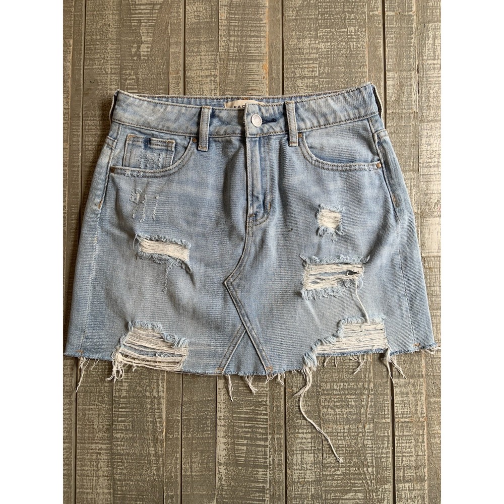 PacSun Size 25 Skirt Y2K Denim Distressed Raw Hem Mini Blue Jean Pockets Women's